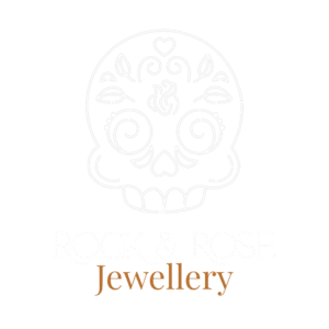 Rock & Rose Jewellery Logo - white sugar skull image with the words Rock & Rose Jewellery written underneath