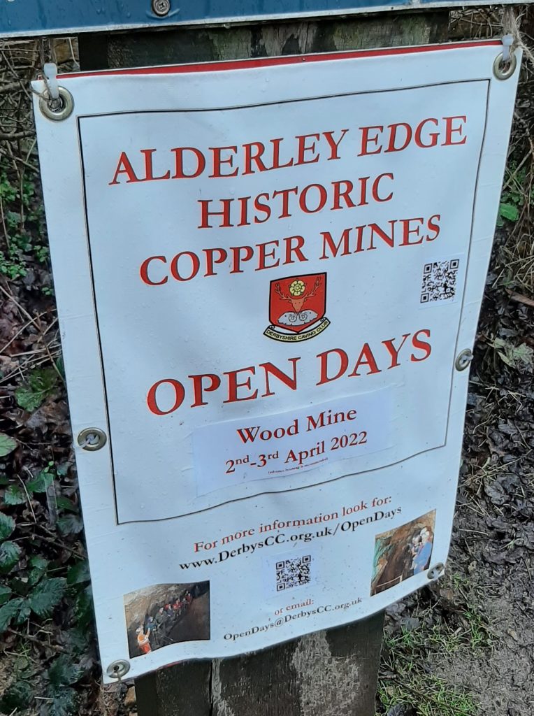 a white A4 poster with red writing that says alderley edge historic copper mines open days wood mine 2-3rd April 2022.