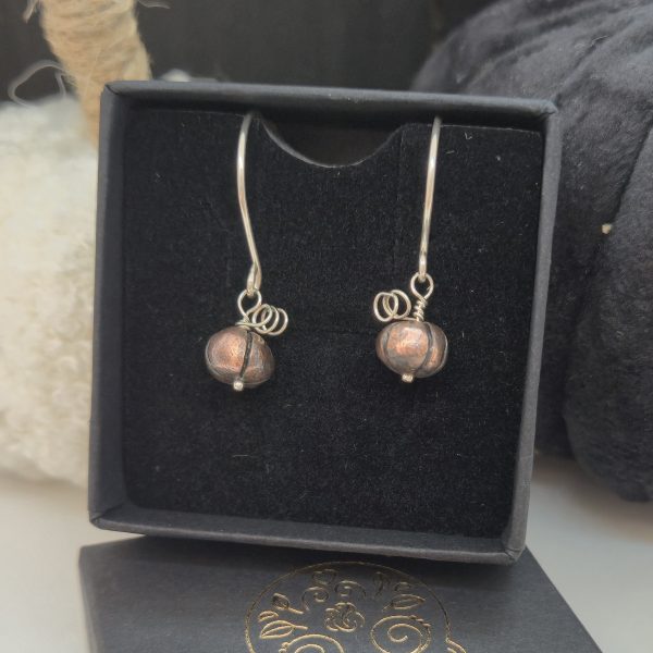 dark copper pumpkins on silver earring wires displayed in jewellery box with display pumpkins behind them