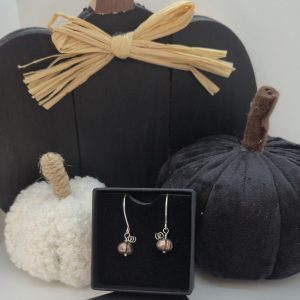 dark copper pumpkins on silver earring wires displayed in jewellery box with display pumpkins behind them
