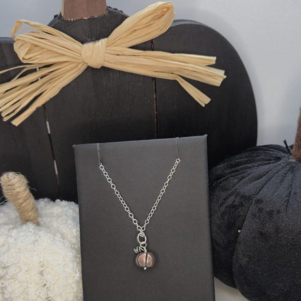 dark copper pumpkin pendant on silver chain displayed in jewellery box with display pumpkins behind them