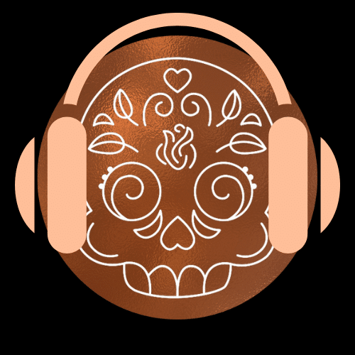 White Rock & Rose sugar skull logo with a pair of pale peach headphones on a copper circle