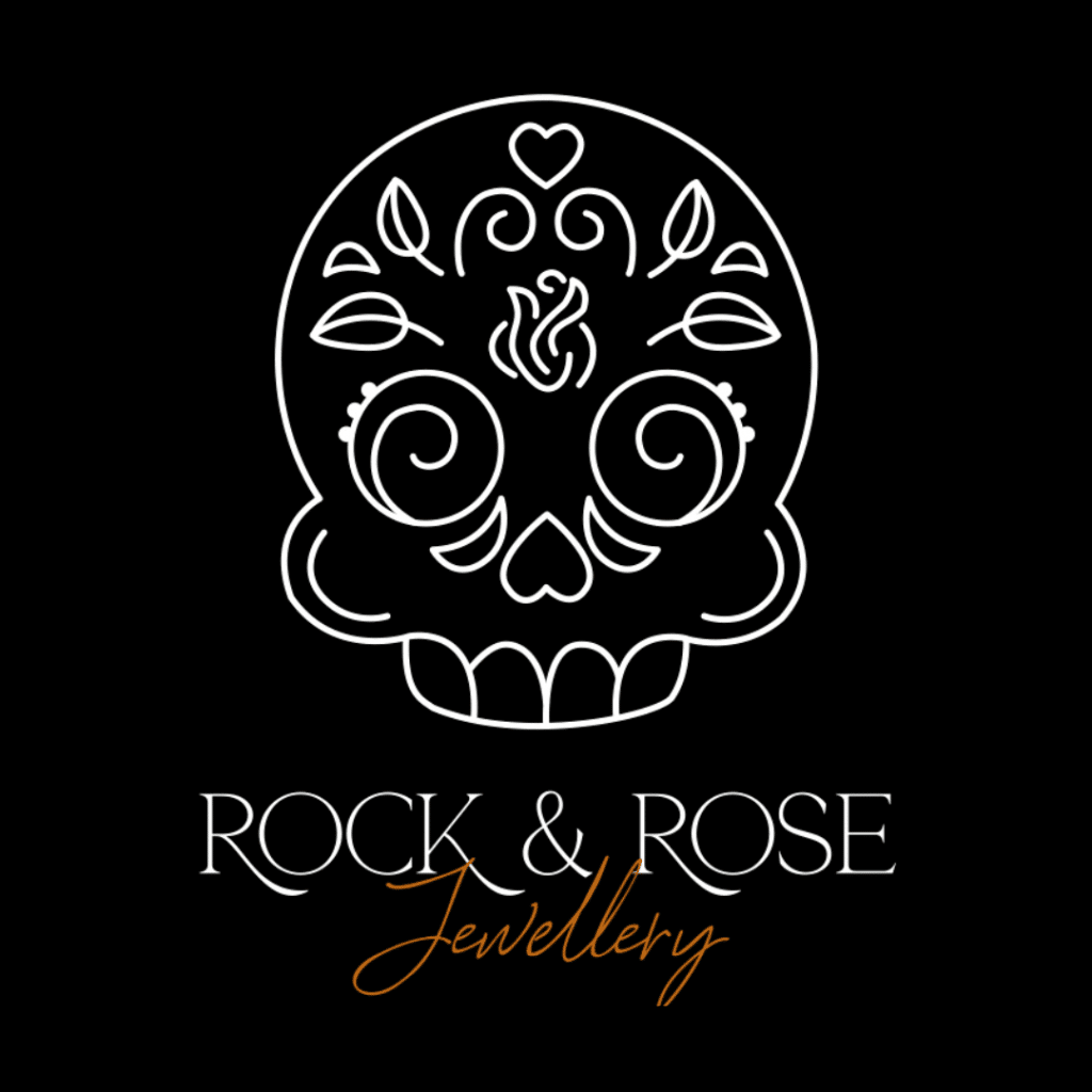 white rock and rose sugar skull logo on black background with rock and rose jewellery wording underneath