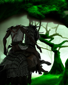 Graphic image of a headless man riding a black horse with spooky trees in the background