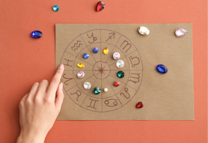 A hand pointing at a circular image of the 12 signs of the zodiac with various gemstones scattered around