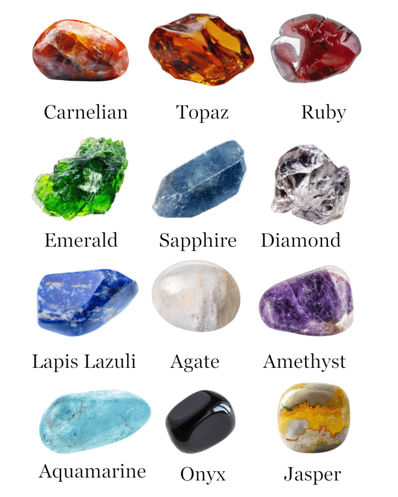 carnelian, topaz, ruby, emerald, sapphire, diamond, lapis lazuli, agate, amethyst, aquamarine, onyx and jasper tumbled stones arranged in 3 rows of 4