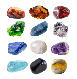 carnelian, topaz, ruby, emerald, sapphire, diamond, lapis lazuli, agate, amethyst, aquamarine, onyx and jasper tumbled stones