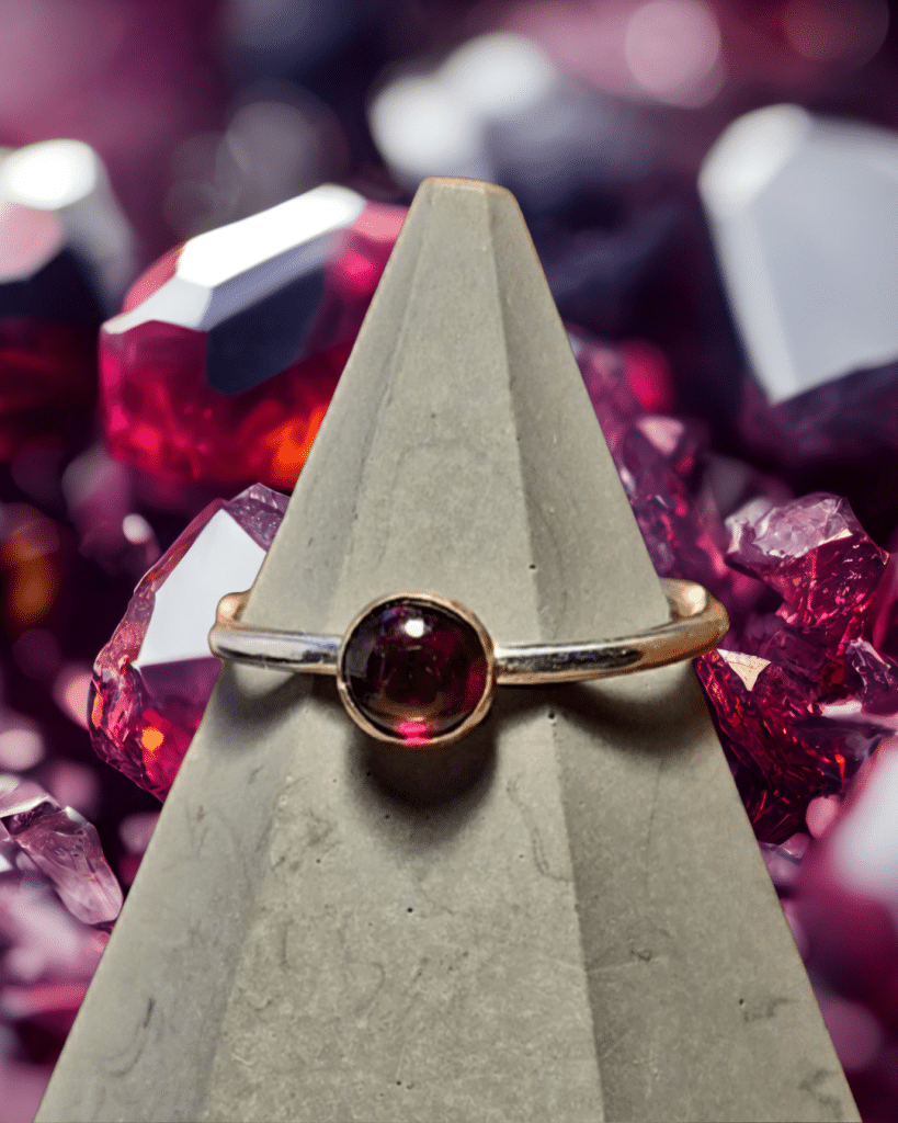 A garnet Set Rose Gold and Sterling Silver Ring on a grey ring cone with garnet stones in the background