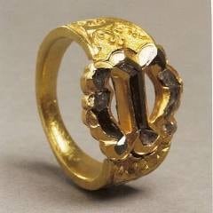 gold ring with letter m set in diamonds