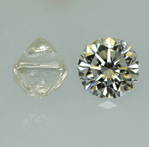 an uncut diamond gem and a brilliant cut modern diamond