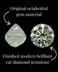 an uncut diamond gem and a brilliant cut modern diamond
