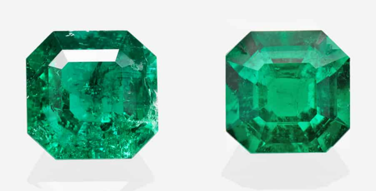 two emeralds, on the left is has visible fissures or 'jardin' and on the right they have been filled with oil