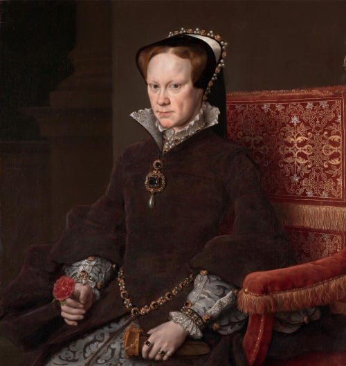 An old painted portrait of Queen Mary wearing a brown dress sat on a red chair and the pearl necklace