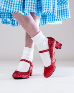 woman standing in a pair of sparkly red ruby shoes and a blue gingham skirt