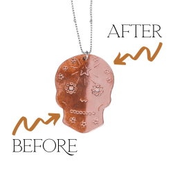 cleaned sugar skull necklace with before and after arrows on white background