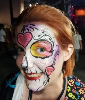 sam painted as a sugar skull in Universal Hollywood