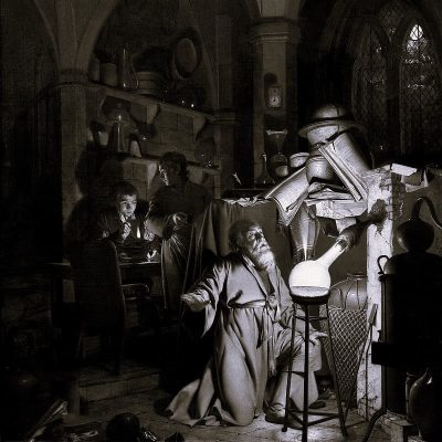 alchemist in his laboratory with apprentice looking on