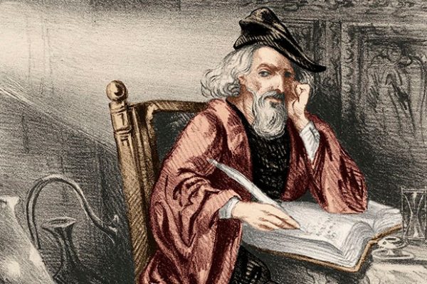 Coloured engraving depicting French scrivener and manuscript seller Nicolas Flamel (circa 1330-1418), who developed a posthumous reputation as an alchemist due to his reputed work on the philosopher's stone, circa 1400. (Photo by adoc-photos/Corbis via Getty Images)